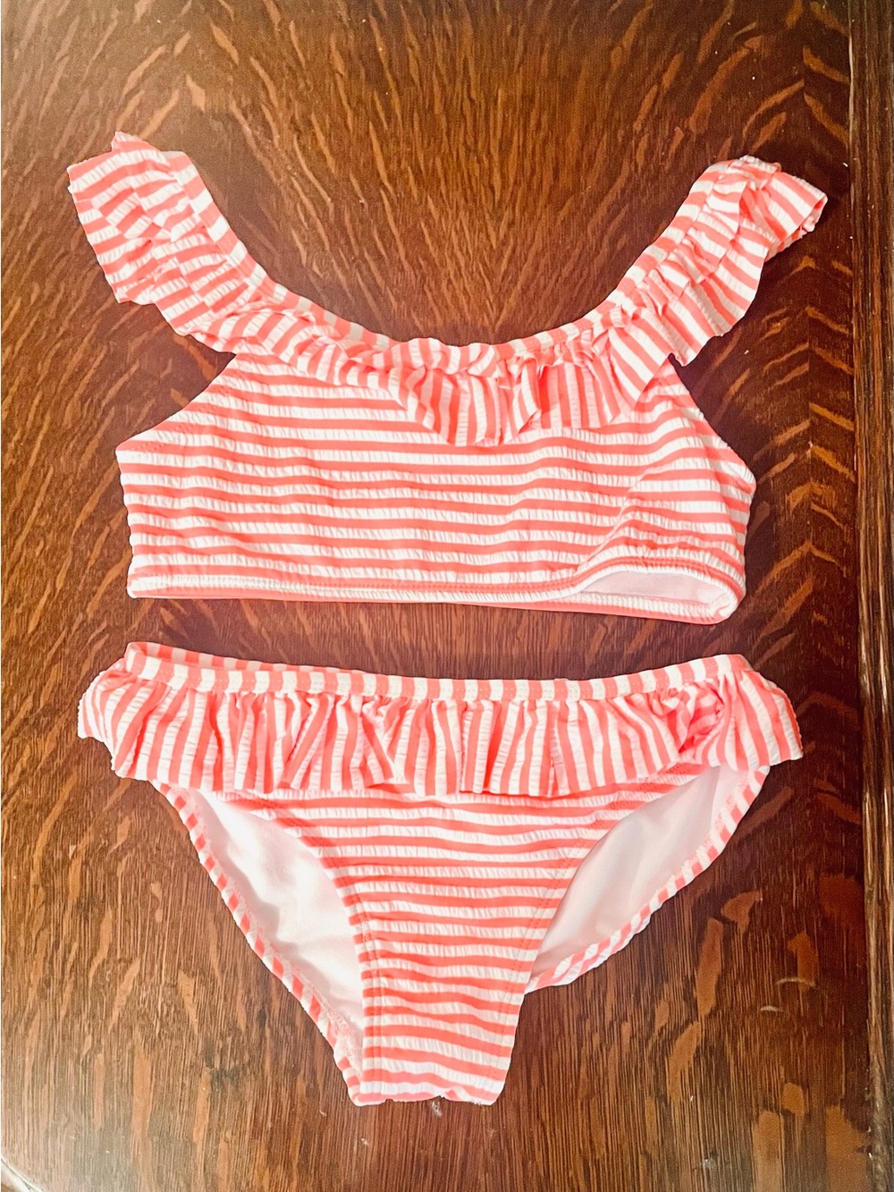 Wonder Nation Girls 2Pc Neon Orange/White Stripe Seersucker Ruffle Bikini Sz 7/8